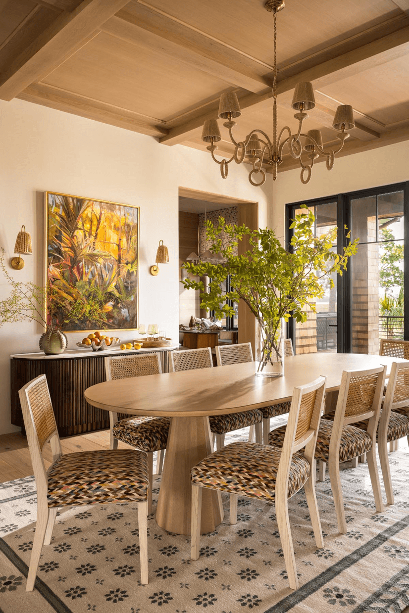 Custom dining room with wood ceiling detail and natural light